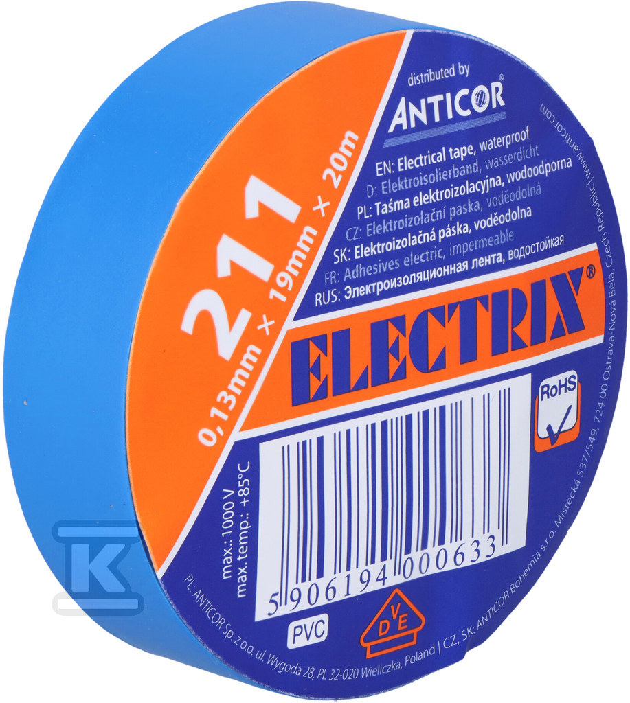 Taśma ELECTRIX 211, niebieska 19 mm x 20 m PE-2112003-0019020
